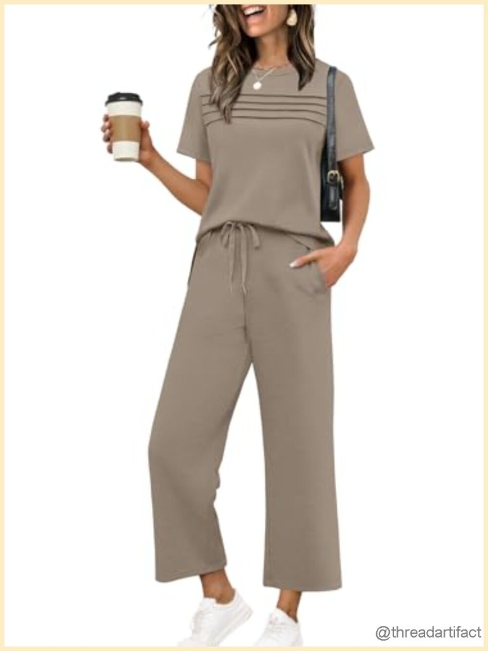 Two Piece Lounge Set Short Sleeve Side Slit Wide Leg Pants Summer Travel Outfit